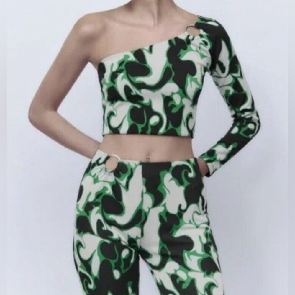 NWT ZARA Jacquard Asymmetrical One Shoulder Crop Top Ring Detail 5039/712 Size M